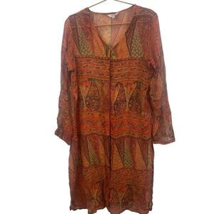 J. Peterman Orange Floral Rust Shawl‎ Duster Kimono Oversized Size XS 100% Silk